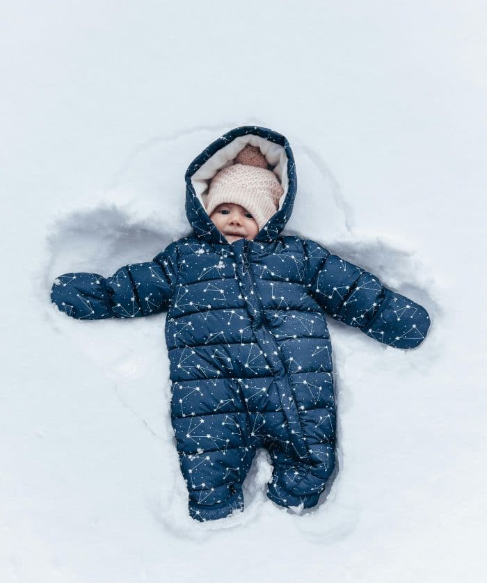 Baby bundled up in a warm snow suit