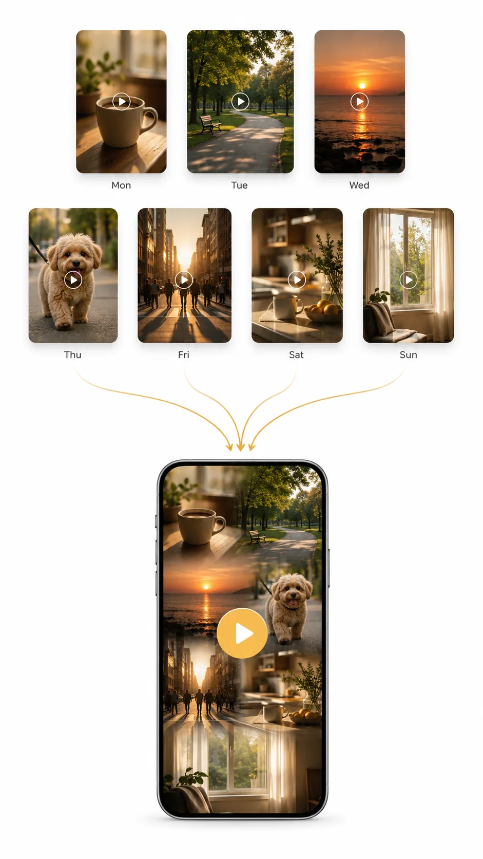 Seven daily video clips merging into one compiled chapter video on a phone